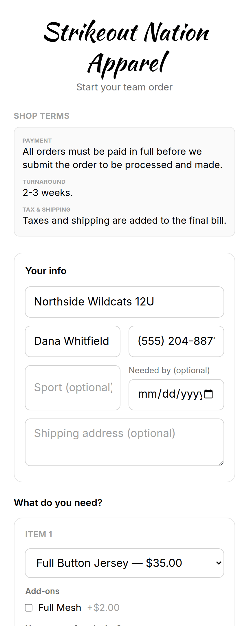 A customer order form headed with a shop's name, its payment terms and turnaround, and a size grid.