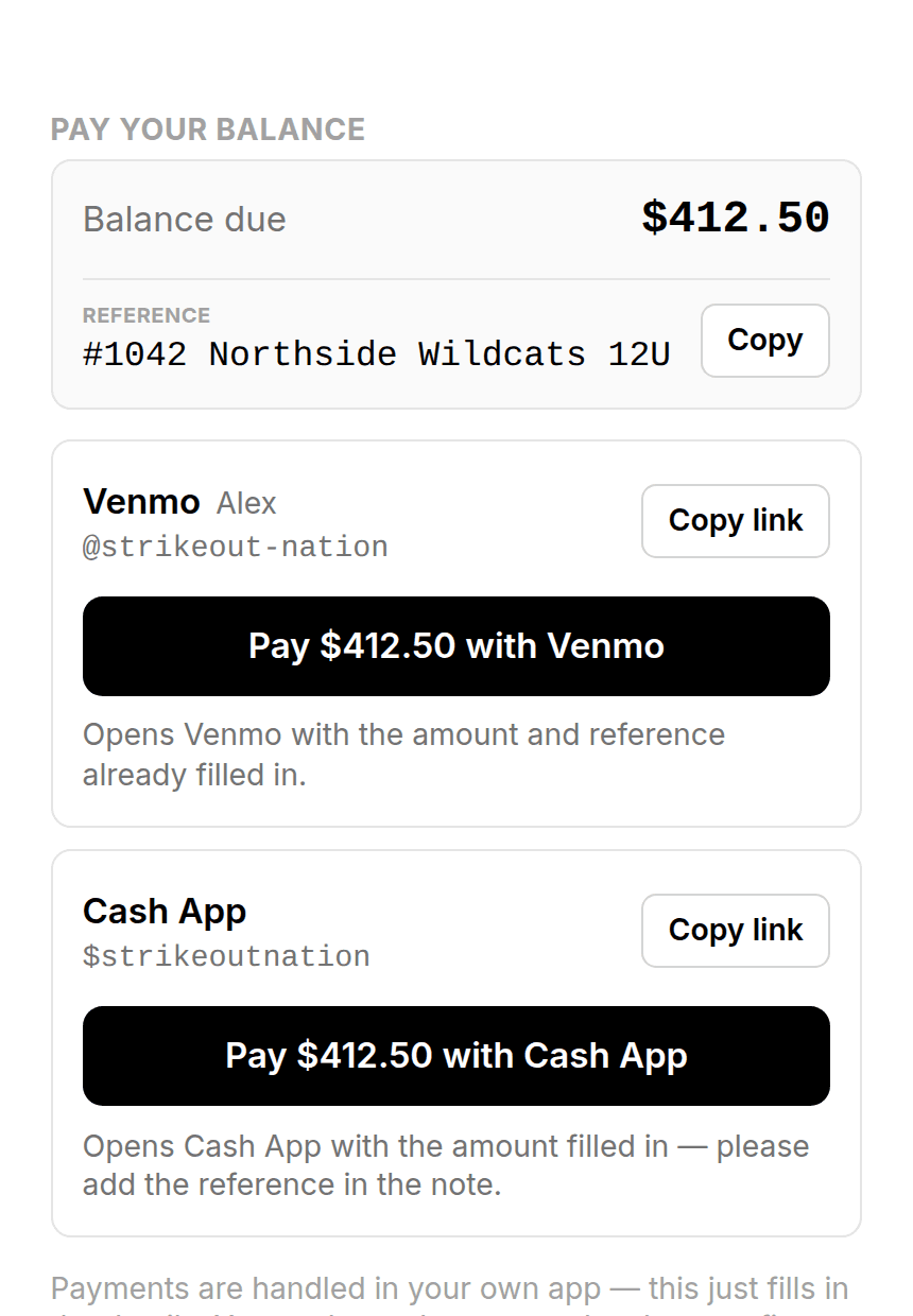 A balance due of $412.50 with the reference #1042 Northside Wildcats 12U and Venmo and Cash App buttons.
