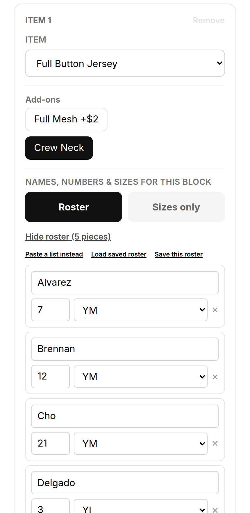 An order being built: a jersey with add-ons and a roster of five players with names, numbers and sizes.